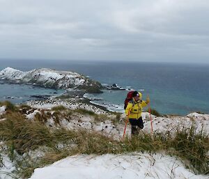 A woman comes up the hill using track markers as walking poles