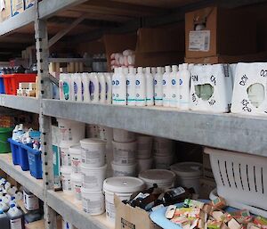 Neatly stacked shelves of cleaning and personal products