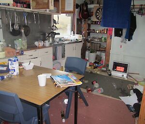 A view of the inside of Bauer Bay cabin post earthquake