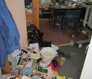 Another view of the inside of Bauer Bay hut post earthquake