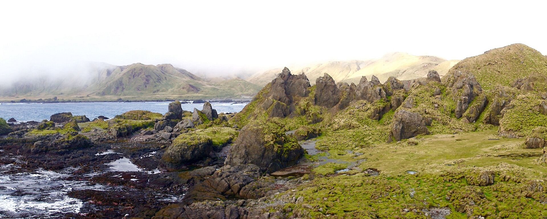 A panoramic view of the Labyrinth, rocks, vegetation and water