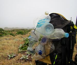 A backpack loaded with plastic bottles found along the beach