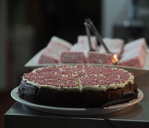 Beetroot chocolate cake with pink bits on it