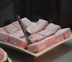 A plate of pink lamingtons