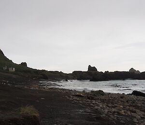 Looking east over the water at the hut and Hurd Point itself