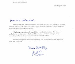 Copy of a letter from Prince Harry’s office