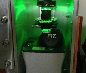 A photo of the equipment where the laser beam begins – the front of the laser where a ‘magic’ crystal converts infrared light into green