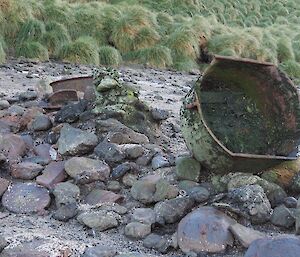 A photo of an old trypots on the beach at Hurd Point