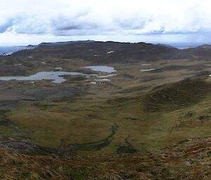 A view looking north at vegetation and sea from the top of Mt Waite