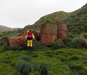 Another picture of the rusting digesters at the Nuggets with a man in front