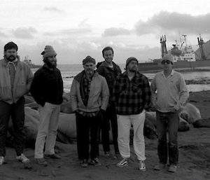 Everyone wanted their photo taken with the ship – here’s the 1988 Met crew with (L-R) David Freeman, Philip Charlesworth, Peter Arden, Kim Nitschke, Lutz Hauenschild and Graeme Taylor. Incidentally, it was on this evening that the Lady Lorraine (in the background at left) finally refloated the Nella after some movement the previous day