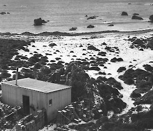 Looking down at the Australasian Antarctic Expedition hut