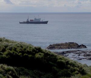 Professor Khromov sits at anchor off Sandy Bay