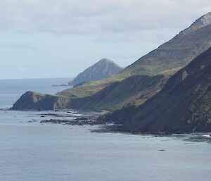 On the east coast the land drops steeply into the sea — looking south past the Nuggets to Brothers Point. the lack of coastal terrace on the east is associated with the plate tectonics & the forces that continue to shape the island.