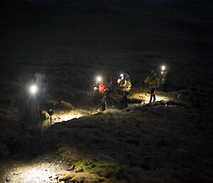 Walkers in the dark with torches on their heads