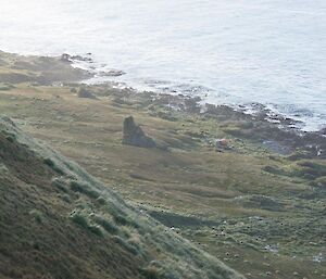 The view down to Waterfall Bay Hut from the jump up