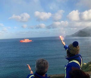 Macca 70th ANARE Team fare welling the Aurora Australis with a flare send-off