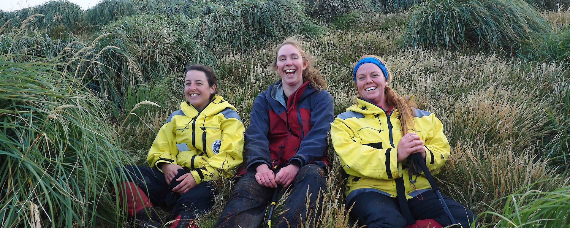 A trio of expeditioners sit smiling on the slope amidst tussocks of grass