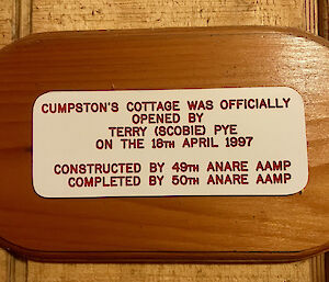 Cumpstons Cottage anniversary plaque