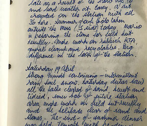 A photo of a page of writing from the Macquarie Island Station Leader’s Log 18–19 April 1997