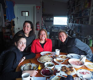 The Awesome Foursome: TASPARKS & Albatross Program members Emily, Andrea, Mel and Penny enjoying dinner after a hard day’s field work on Macquarie Island