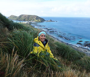 Research Assistant Emily Mowat on the Macquarie Island slopes