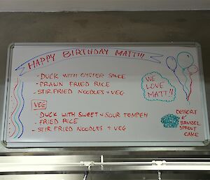 Birthday dining menu for Matt Westbury