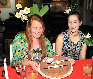 Albatross Researcher Mel Wells enjoying her gannet themed birthday cake — Macquarie Island