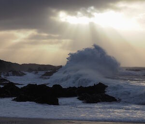 Huge southern ocean waves crash into the Macquarie Island coastline