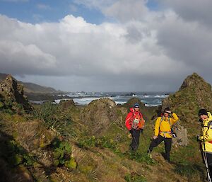 Macquarie Island expeditioners Kyle, Nick and Matt at the spectacular Labyrinth area at Mawson Point