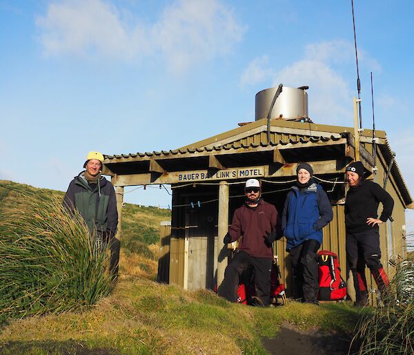 Macquarie Island expeditoners Wayne, Kerri, Emry and Andrea at Bauer Bay Hut