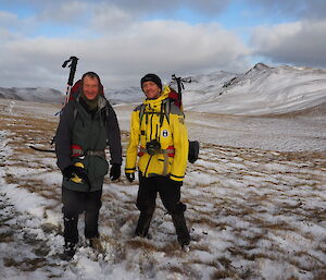Plumber Wayne and chef Nick exploring the Macquarie Island landscape