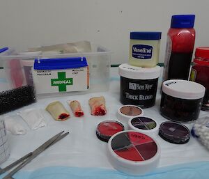 The doctor’s makeup kit includes fake blood and scabs so that training is made more realistic.