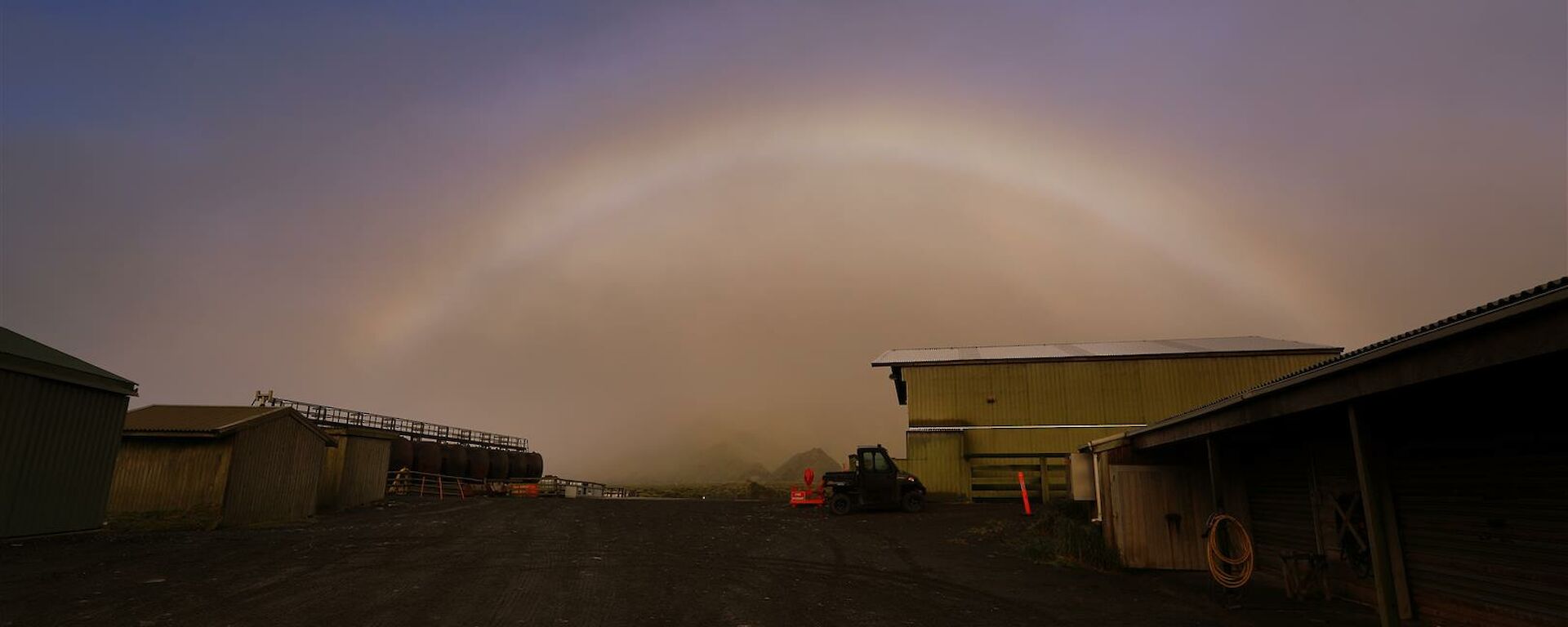 A rainbow that goes right over the Macquarie Island station.