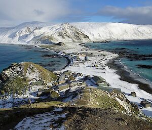 Station limits from Wireless Hill, looking at snow covered hills and isthmus.