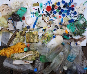 A picture showing a mat with lots of different sorts of plastic found on the coastline.