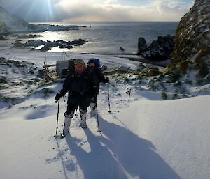 Albatross and Giant Petrel Program research assistants Mel and Emily negotiating another epic snowfall.