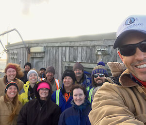 The first team photo after the winter station leader officially taking over the station — 2017 Macquarie Island team selfie at Hamshack Hut