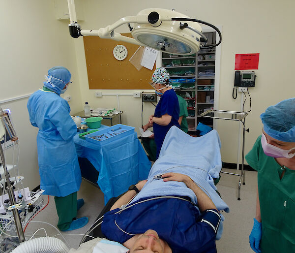 The Macca medical team getting ready to perform a mock surgery.