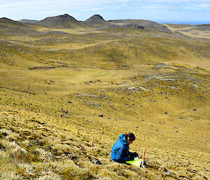 Person wearing a blue jacket sitting on a hill with a vast landscape into the distance.
