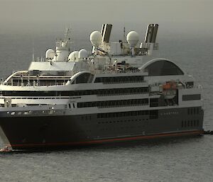 A large grey cruise ship.