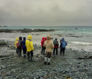 Macquarie Island expeditioners bidding farewell to departing expeditioners.