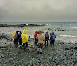 Macquarie Island expeditioners bidding farewell to departing expeditioners.