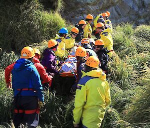 Macquarie Island expeditioners undertaking a stretcher carry as part of the SAR technical rescue exercise