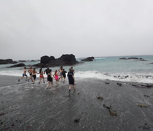 Macquarie Island expeditioners hit the cold surf on the traditional Australia Day swim