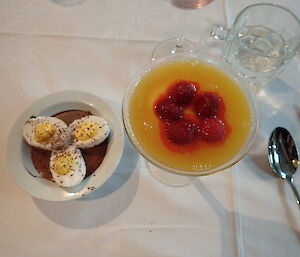A picture of the two desserts we had as part of our Easter Saturday dinner — marshmallow poached eggs on a nest of chocolate ganache with a coconut passionfruit pannacotta with raspberries