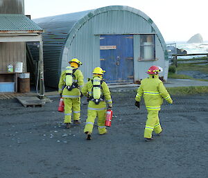 Members of the Fire Team investigate an alarm during a Fire Response exercise at Macquarie Island