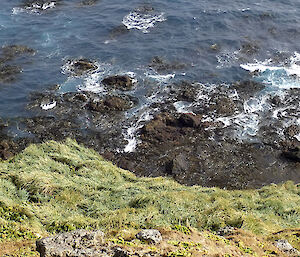 Looking down from one of the slopes around North Head at the sea breaking on the rocks below