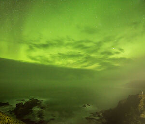 A view of a bright green aurora to the northeast from the old Ham Radio Shack on Hut Hill at Macquarie Island this week