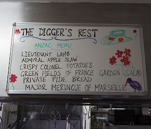 The manu board at Macquarie Island with our ANZAC Day menu decorated by Danielle McCarthy